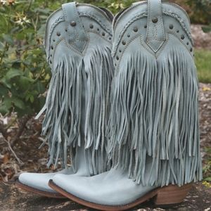 LIBERTY BLACK Vegas Fringed leather boots "Ciel"/Ice Blue LB71124 snip toe sz6.5